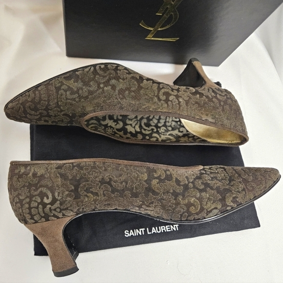 Saint Laurent Almond Toe Kitten Heels In Brown Suede And Velvet Mesh Size 9 - Picture 5 of 12